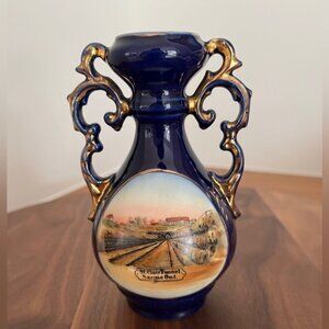 VINTAGE Dresden Cobalt Blue Bud Vase Handles St. Clair Tunnel Sarnia Souvenir